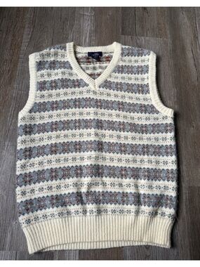 VTG CARL MICHAELS Fair Isle Knit Sweater Vest Pattern Beige Multi Color Size L